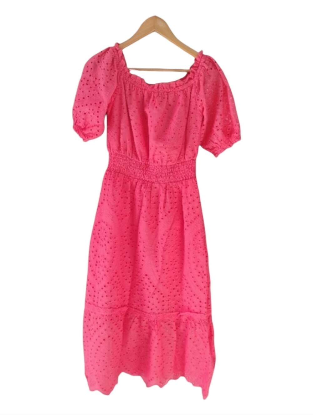 Betsey Johnson Hot Pink Cotton Eyelet Puff Sleeve Square Neck Midi Dress - Picture 3 of 5